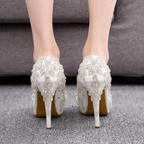 11 Cm High Heels Large Size Waterproof Table Single Shoes Women's Fine Heel Round Head Diamond Wedding Shoes Bridal Shoes Ball HZ0115