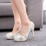 11 Cm High Heels Large Size Waterproof Table Single Shoes Women's Fine Heel Round Head Diamond Wedding Shoes Bridal Shoes Ball HZ0115