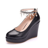 11 Cm White Round Head Water Table Slope Single Shoes Women Pearl Beads Supo Heel Shoes Large-Size High Heel Single Shoes Women HZ0115