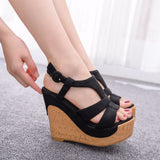 12 Cm Wood Grain Heel Slope And Fish Mouth Sandals Large-Size Slope And Water Table Hollow Sandals Female Quality Sandals HZ0115