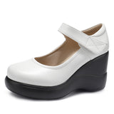 Spring And Autumn Women's Shoes Thick Bottom Slope And Shallow Single Shoes High Heels Ladies Leather Shoes Magic Stick Round Head Loose Cake Middle-Naught Mother Shoes HZ0115