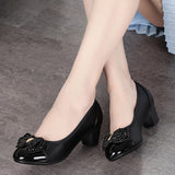 Bow Beaded Mother Shoes Soft Soles Single Shoes Thick Heel Lazy Leather Shoes Round Head Working Shoes Heel Women's Shoes HZ0115