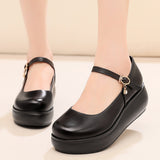 Cowle Skin Round Head Heel Slope And Shallow Mouth Single Shoes Waterproof Table Casual Leather Shoes Buckle With Loose Cake Thick-Soled Shoes Women Autumn HZ0115