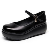 Cowle Skin Round Head Heel Slope And Shallow Mouth Single Shoes Waterproof Table Casual Leather Shoes Buckle With Loose Cake Thick-Soled Shoes Women Autumn HZ0115