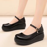 Cowle Skin Round Head Heel Slope And Shallow Mouth Single Shoes Waterproof Table Casual Leather Shoes Buckle With Loose Cake Thick-Soled Shoes Women Autumn HZ0115