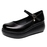 Cowle Skin Round Head Heel Slope And Shallow Mouth Single Shoes Waterproof Table Casual Leather Shoes Buckle With Loose Cake Thick-Soled Shoes Women Autumn HZ0115