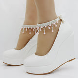 11 Cm White Round Head Water Table Slope Single Shoes Women Pearl Beads Supo Heel Shoes Large-Size High Heel Single Shoes Women HZ0115