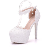 14 Cm White Lace Wedding Shoes Fine Heel Round Head Waterproof Shoes Large Size White Wedding Shoes Sandals HZ0115