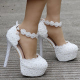 14 Cm White Lace Wedding Shoes Fine Heel Round Head Waterproof Shoes Large Size White Wedding Shoes Sandals HZ0115