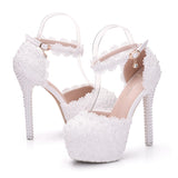 14 Cm White Lace Wedding Shoes Fine Heel Round Head Waterproof Shoes Large Size White Wedding Shoes Sandals HZ0115