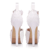 14 Cm White Lace Wedding Shoes Fine Heel Round Head Waterproof Shoes Large Size White Wedding Shoes Sandals HZ0115
