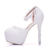 14 Cm White Lace Wedding Shoes Fine Heel Round Head Waterproof Shoes Large Size White Wedding Shoes Sandals HZ0115