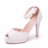 11 Cm Fish Mouth Waterproof Table Sandals Fine Heel Fish Mouth Sandals White Lace Wedding Shoes Large Size Shoes HZ0115