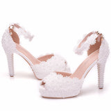 11 Cm Fish Mouth Waterproof Table Sandals Fine Heel Fish Mouth Sandals White Lace Wedding Shoes Large Size Shoes HZ0115