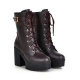 Sales Autumn And Winter Short Boots Pu Korean Version Of The Round Head Waterproof Table High Coarse Tying Buckle Lady Large Size Short Boots HZ0115