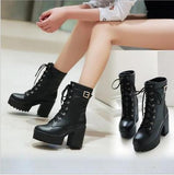Sales Autumn And Winter Short Boots Pu Korean Version Of The Round Head Waterproof Table High Coarse Tying Buckle Lady Large Size Short Boots HZ0115