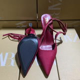 ZA Home 2025 New Women's Shoes Low Heel Temperament High Heels High-Heeled Shoes Behind The Shallow Mouth Triptling Single Shoes Rose Red HZ0115