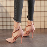 Sexy Pointed High Heels 2025 Spring New Fashion Cross-Lace Single Shoe Velvet Fine Heel Women's Shoes HZ0115