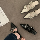 2025 New Cool Slippers Women Wear Rough And Low Belt Buckle Half Bag Retro British Sharp Slippers HZ0115