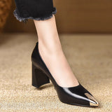 French Metal Sharp-Pointed Temperament Coarse Heel Single Shoe Women 2025 Autumn New One-Legged Comfortable Leather Shoes HZ0115