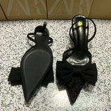 ZA Home 2025 New Women's Shoes Low Heel High Heels High-Heeled Shoes Back Mouth Studded Single Shoes Black Bow HZ0115