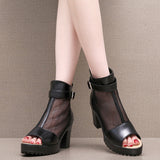 Fish Mouth Net Sandals Women Summer High Heel Waterproof Table Zipper Mesh Shoes Fashion Women's Hollow Breathable Cool Boots HZ0115