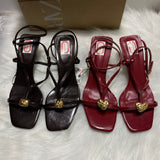 ZA Home 2025 Fine Striped Wine Red Metal Buckle With Sandals With Sandals Fine Heeled Women's Sandals HZ0115