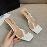 One-Word Slippers Women Summer Wear 2025 New Square Head Crystal Rough And Transparent Sexy High-Shoe Cold Slippers Women HZ0115