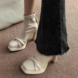 Fang With Thick Bottom Height Small Ankle Boots Women 2025 Autumn New Square Bows Short Boots French Elegant Thin Skin Boots HZ0115