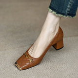 2025 Spring And Autumn New French Retro Square Head Thick Heel Metal Chain Small Leather Shoes Coarse Heel Soft Back Grandmother Single Shoes HZ0115