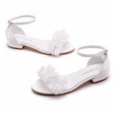 2 Cm Square With A Shallow Mouth With Buckle Sandals Ivory White Silk Satin Bridal White Flowers Sandals Woman HZ0115