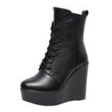 Round Head 12Cm High Slope And Waterproof Table Mid-Sleevel Boots With Side Zipper Women's Boots Pine Cake Plus Velvet Winter Warm Leather Boots HZ0115