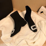 Shine The Artifact! Square Head Showing Thin Elastic Boots In The Short Cylinder With Water Drill Black Thin Skinny Boots HZ0115