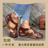 Large-Size-Up Head Sandals Women's 2025 Summer Retro Round-Headed Slope With Magic Stick Lady Roman Shoes HZ0115