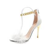 2025 New Summer Temperament High Heels Women Metal Chain Decoration With Fine Heel Fashion Fur Sandals HZ0115