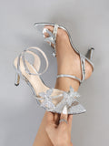 Women's Round Head Three-Dimensional Flowers Paint And Fine High Heel Sandals Women's Shoes Elegant Silver HZ0115