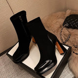 High-Heeling Short-Skin Women Splicing 2025 Autumn And Winter Retro Martin Boots Coarse And Waterproof Table Not Tired Of Elastic Thin Boots HZ0115
