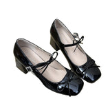 College Wind Square Shallow Bow Bow Small Leather Shoes Women's Net Red Explosive Fashion Temperament Trend Coarse Heel Increase Single Shoes HZ0115
