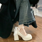 2025 French Pearl Fairy Wind Bow Bow Thick-Soled Waterproof Table Mary Jane Heel Women's Coarse Heel Single Shoes Bridesmaid Shoes HZ0115