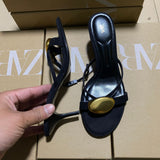 ZAJ2025 Spring New Women's Shoes Black Metal Details Decorating Round Head Fine High Heel Elegant Fashion Sandals HZ0115