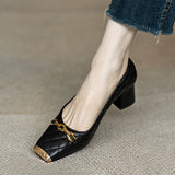 2025 Spring And Autumn New French Retro Square Head Thick Heel Metal Chain Small Leather Shoes Coarse Heel Soft Back Grandmother Single Shoes HZ0115
