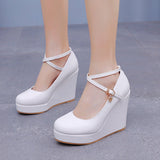 10 Cm Fashion Thick Bottom Slope Single Shoe Round Head Height Waterproof Slope Heel Buckle Heel Women's Shoes HZ0115