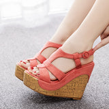 12 Cm Wood Grain Heel Slope And Fish Mouth Sandals Large-Size Slope And Water Table Hollow Sandals Female Quality Sandals HZ0115