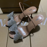 2025 Summer New Women's Shoes Beige Water Drill Bows Fine High Heel Sandals Tip-Out Fashion Sandals HZ0115