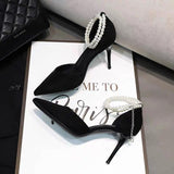 2025 Fairy Wind And Black Beautiful Pearl Strap High Heels Sexy Shallow Velvet Single Shoes HZ0115