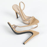 Women's Side-Packed Glass Glue PVC Round Head Fine High Heel Sandals Apricot High Heels HZ0115