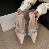 Summer 2025 New Chinese Sharp Drill Head Sandals Women Butterfly Silk Satin High Heels Thin Heel With Single Shoes HZ0115