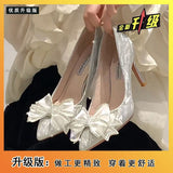 Wedding Shoes High Heels Women 2025 New Single-Shoe Female Pointed Fairy Wind Bow Water Drill Fine And Crystal Bridesmaid Shoes HZ0115
