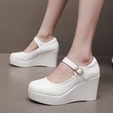 Painted Leather Stone Slope Heel Single Shoe Round Head Light Mouth Work Shoes Thick-Soled Waterproof Table Model Show High Heels Women HZ0115