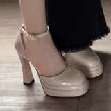 Small Thick Heel Waterproof Table High Heels Women Patent Leather Buckle In The Hollow Square Thick-Soled Wedding Shoes To Host Banquet Shoes HZ0115